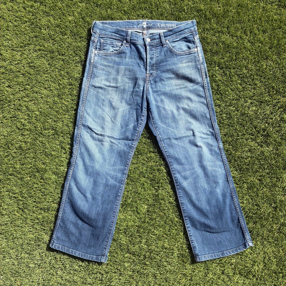 7 For All Mankind Jeans A Pkt Relaxed Men 34x27 USA Work Blue Button Fly Bootcut